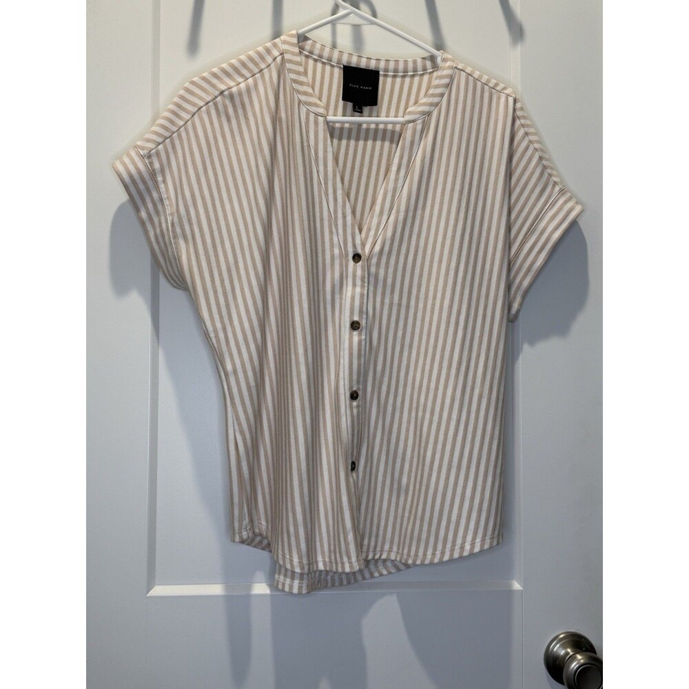 Alex Marie Striped V Neck Button Up Short Sleeve Top Womens Large Blouse Light